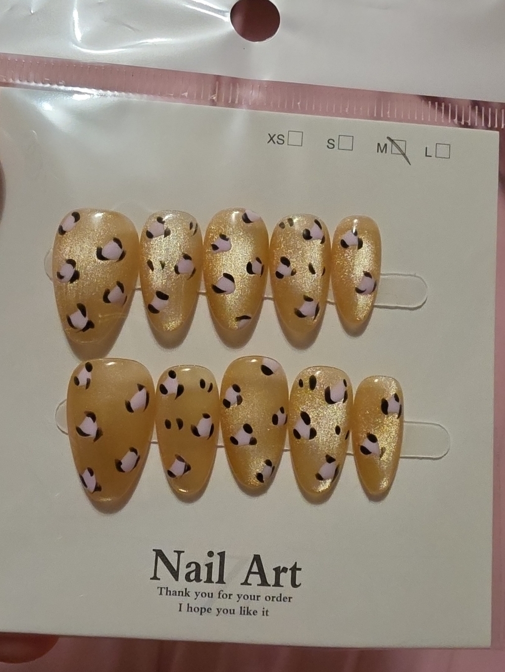 Shimmery Gold Leopard Press-On Nails with Pink Accents